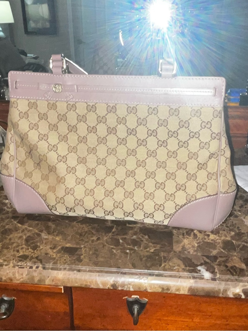 Gucci Beige Monogram Canvas Shoulder Bag with Pink Leather Trim